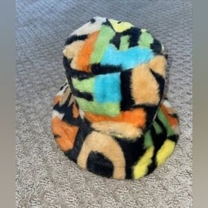 Super Cute Multicolor Fuzzy Adjustable Bucket Hat Black W/ Letters / Numbers